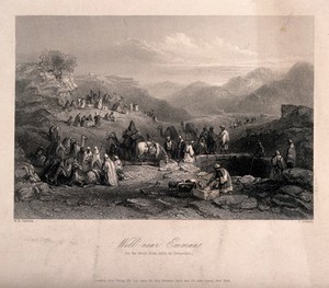 view Figures, horses and camels gathering by the Well near Emmaus (Imwas), Jordan. Line engraving by C. Cousen after W.H. Bartlett.