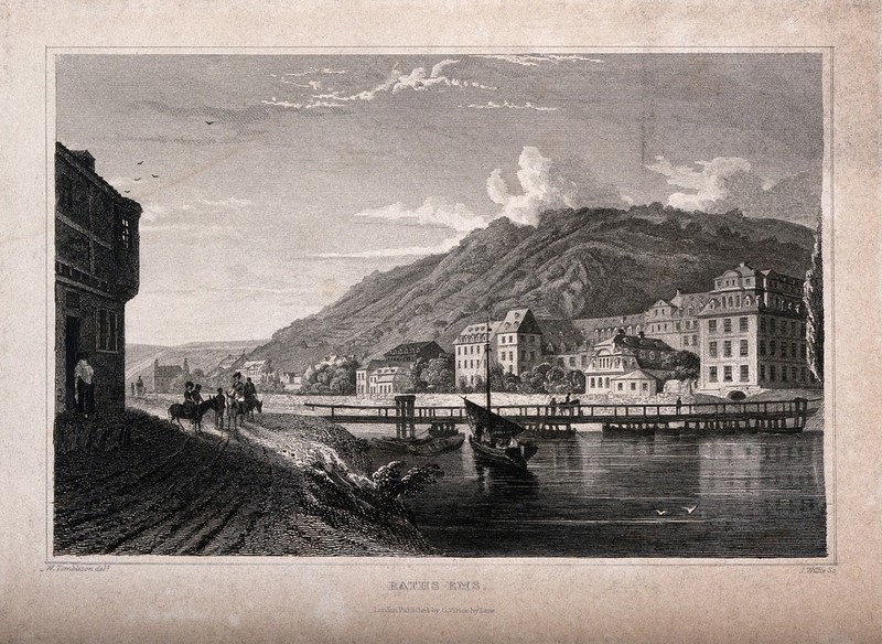 The baths and mineral springs, Ems, West Germany. Line engraving by J. Willis after W. Tombleson., by William Tombleson