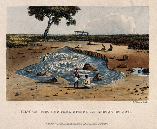 Figures gathered at the central spring, Epetan, Java. Coloured aquatint by T. Fielding, 1817.