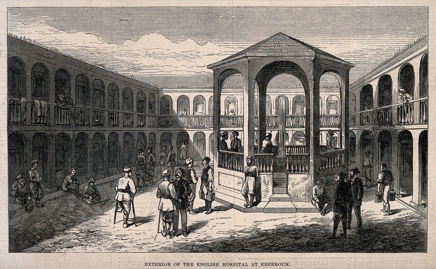 Wounded soldiers convalescing in the grounds of the English Hospital, Erzerum, Turkey. Wood engraving.