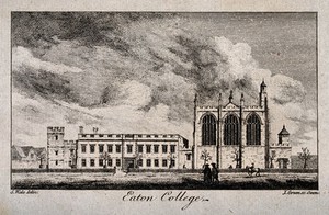 view Eton College and chapel. Etching by J. Green after S. Wale.