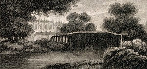 view The river and bridge in the grounds of Eton College, Berkshire. Line engraving by C. Pye.