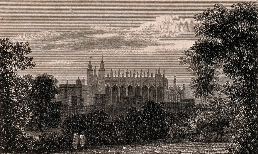 Figures on the path to Eton College, Berkshire. Line engraving.