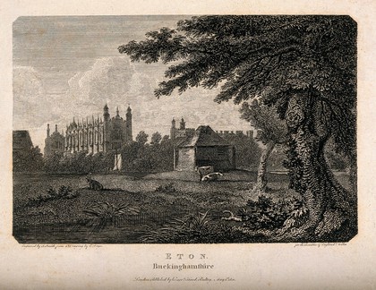 Eton College as seen from the river and fields, Berkshire. Line engraving by J. Smith, 1801, after E. Dayes.