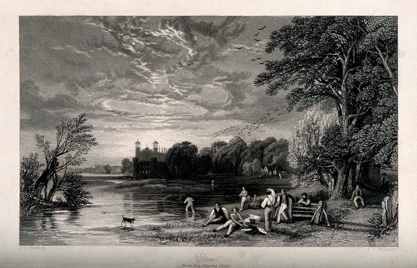 Boys bathing in the river by the playing fields, Eton College, Berkshire. Line engraving by J.T. Willmore after J.D. Harding.
