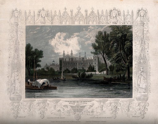 Eton College School from the river with an elaborate border of architectural motifs. Coloured line engraving by H. Winkles after W. Tombleson.