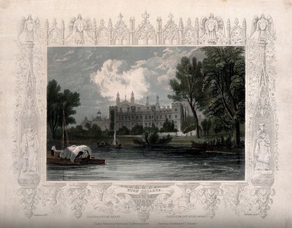 Eton College from the river with an elaborate border of architectural motifs. Coloured line engraving by H. Winkles after W. Tombleson.