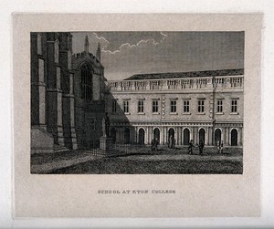 view The school courtyard, Eton College, Berkshire. Line engraving.