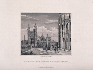 view Eton College, Berkshire: a couple with their dog walking through the school courtyard by the chapel. Etching by G. Gabrielli, 1875.