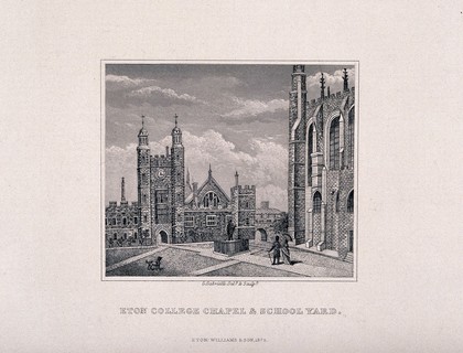 Eton College, Berkshire: a couple with their dog walking through the school courtyard by the chapel. Etching by G. Gabrielli, 1875.