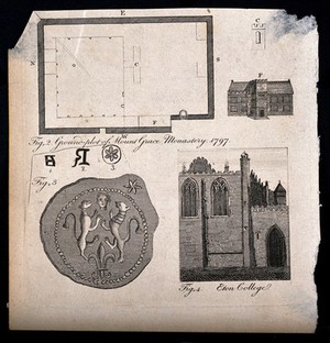 view A sheet of details of Mount Grace Monastery and Eton College, with a seal and ground plan. Line engraving, 1797.