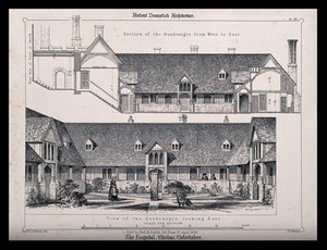 view Ewelme Hospital with side section floor plan, Oxfordshire. Transfer lithograph by J.R. Jobbins, 1858, after F.T. Dollman.