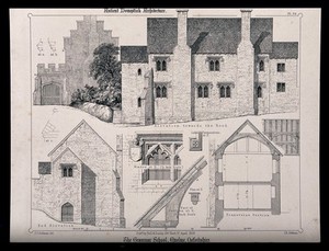 view Grammar School, Ewelme, Oxfordshire: elevations and details. Transfer lithograph by J.R. Jobbins, 1858, after F.T. Dollman.