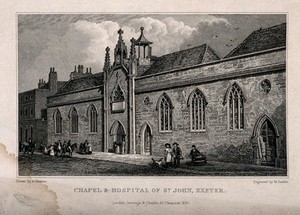 view St. John's Hospital and Chapel, Exeter: front with street life. Line engraving by W. Deeble, 1830, after A. Glennie.