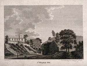 view St Winifred's Well, Flintshire, Wales. Line engraving by S. Sparrow, 1788.