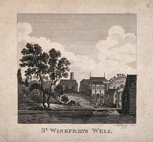 view St Winifred's Well, Flintshire, Wales. Line engraving by Metcalf.
