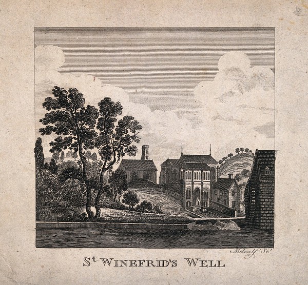 St Winifred's Well, Flintshire, Wales. Line engraving by Metcalf.