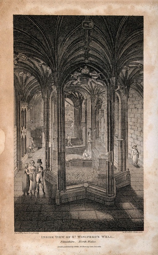 St. Winifred's Well or Holy Well, Flintshire, Wales: interior of the cloisters. Line engraving by W. Angus, 1813.