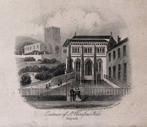 view St. Winifred's Well, Flintshire, Wales: exterior. Line engraving by Newman & Co.