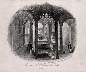 view St. Winifred's Well, Flintshire, Wales: interior. Line engraving by Newman & Co.