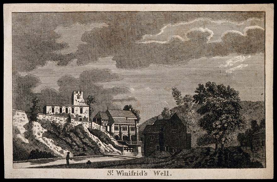 St. Winifred's Well, Flintshire, Wales. Line engraving.