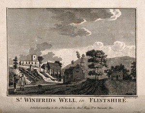 view St. Winifred's Well, Flintshire, Wales. Line engraving by G. Hawkins, 1795(?).