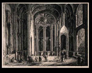 view St. Winifred's Well, Flintshire, Wales: interior. Etching by G. Cuitt, 1813.