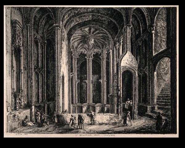St. Winifred's Well, Flintshire, Wales: interior. Etching by G. Cuitt, 1813.