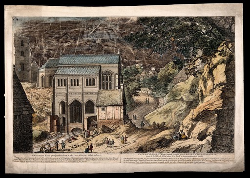 St. Winifred's Well or Holy Well, Flintshire, Wales. Coloured line engraving.