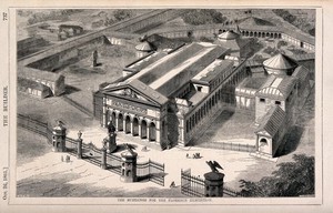 view The buildings for the Florence Exhibition, Florence, Italy: aerial view. Wood engraving by J. S. Heaviside, 1861, after B. Sly.