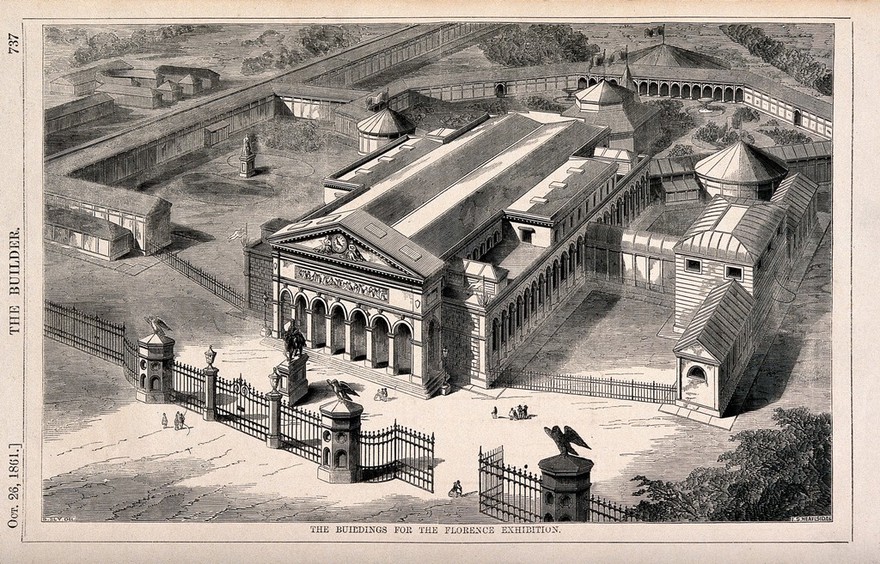 The buildings for the Florence Exhibition, Florence, Italy: aerial view. Wood engraving by J. S. Heaviside, 1861, after B. Sly.