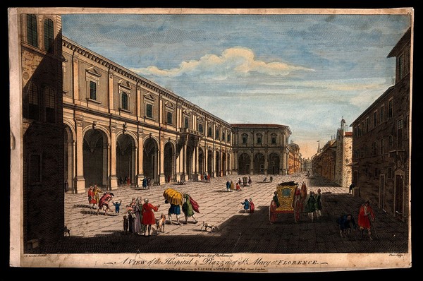 Ospedale di Santa Maria Nuova, Florence, Italy: the hospital and piazza. Coloured line engraving by N. Parr, 17--, after G. Zocchi.