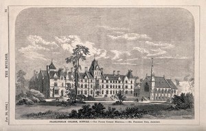 view Framlington College, Suffolk. Wood engraving by Walmsley, 1864, after F. Peck.