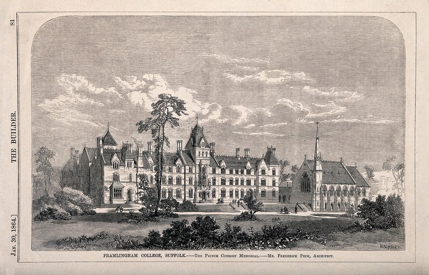 Framlington College, Suffolk. Wood engraving by Walmsley, 1864, after F. Peck.