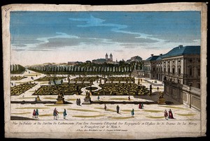 view The Lichtenstein Palace and gardens, Frankfurt-am-Main, Germany: with the Spanish Hospital and Notre Dame de la Mercy Church in the background. Coloured line engraving.