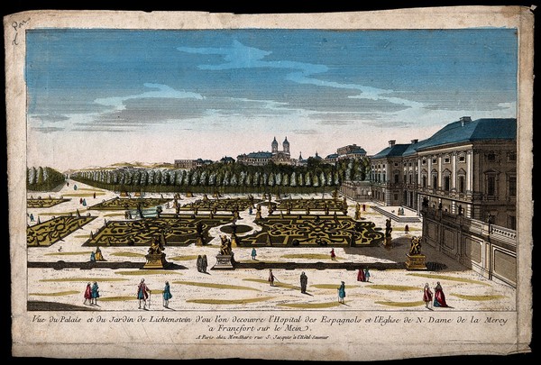 The Lichtenstein Palace and gardens, Frankfurt-am-Main, Germany: with the Spanish Hospital and Notre Dame de la Mercy Church in the background. Coloured line engraving.