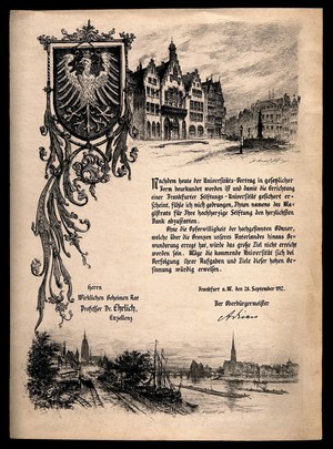 view Frankfurt am Main: the town hall (Rathaus, Römer) with the shield of the city, the railway and the river Main. Etching by B. Mannfeld with letterpress, 1901.