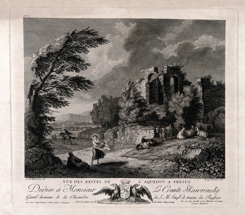 The aqueduct, Fréjus, France. Line engraving by G. Hackert after J.P. Hackert, 1778., 1778, by Jacob Philipp Hackert