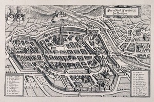 view City map of Freiburg, Germany: with key. Reproduction of a line engraving after K. Merian.