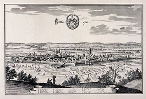 view Göttingen, Germany: panorama and key. Reproduction of a line engraving by K. Merian.