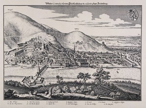 view Heidelberg, Germany: panorama with key and crest. Reproduction of a line engraving by K. Merian.