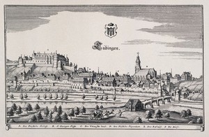 view Tübingen, Germany: panorama with key and crest. Reproduction of a line engraving by K. Merian.