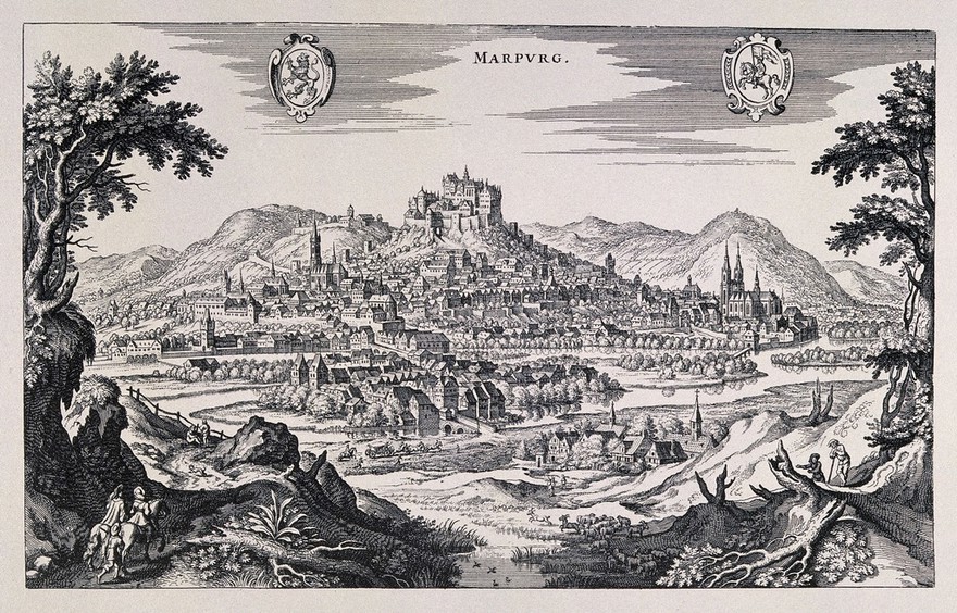 Marburg, Germany: panorama with crest. Reproduction of a line engraving by K. Merian.
