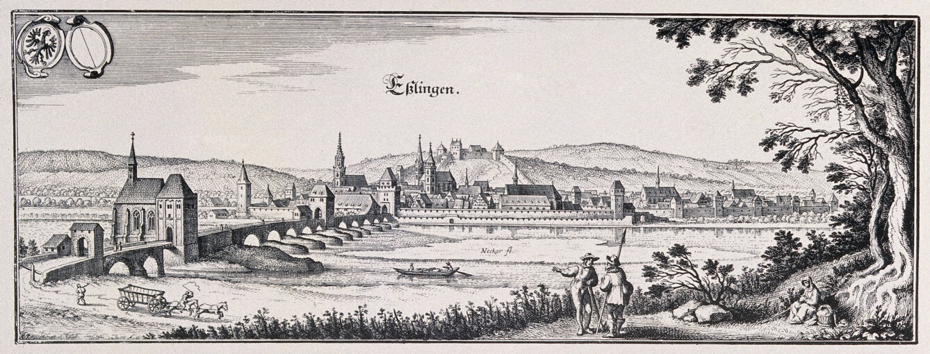 Esslingen, Germany: with crest. Reproduction of a line engraving by K. Merian.