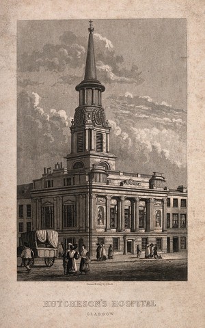 view Hutcheson's Hospital, Ingram Street, Glasgow. Aquatint by J. Scott after himself.