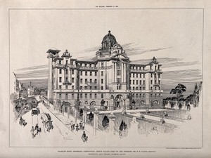 view Royal Infirmary, Glasgow: the winning competition design by H. E. Clifford. Process print by Sprague & Co. Ltd., 1901.