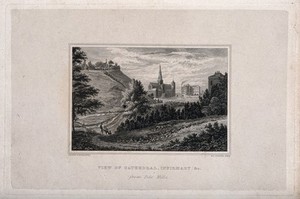 view The Cathedral, Royal Infirmary, Glasgow: from File Mills. Line engraving by J. Swan after himself.