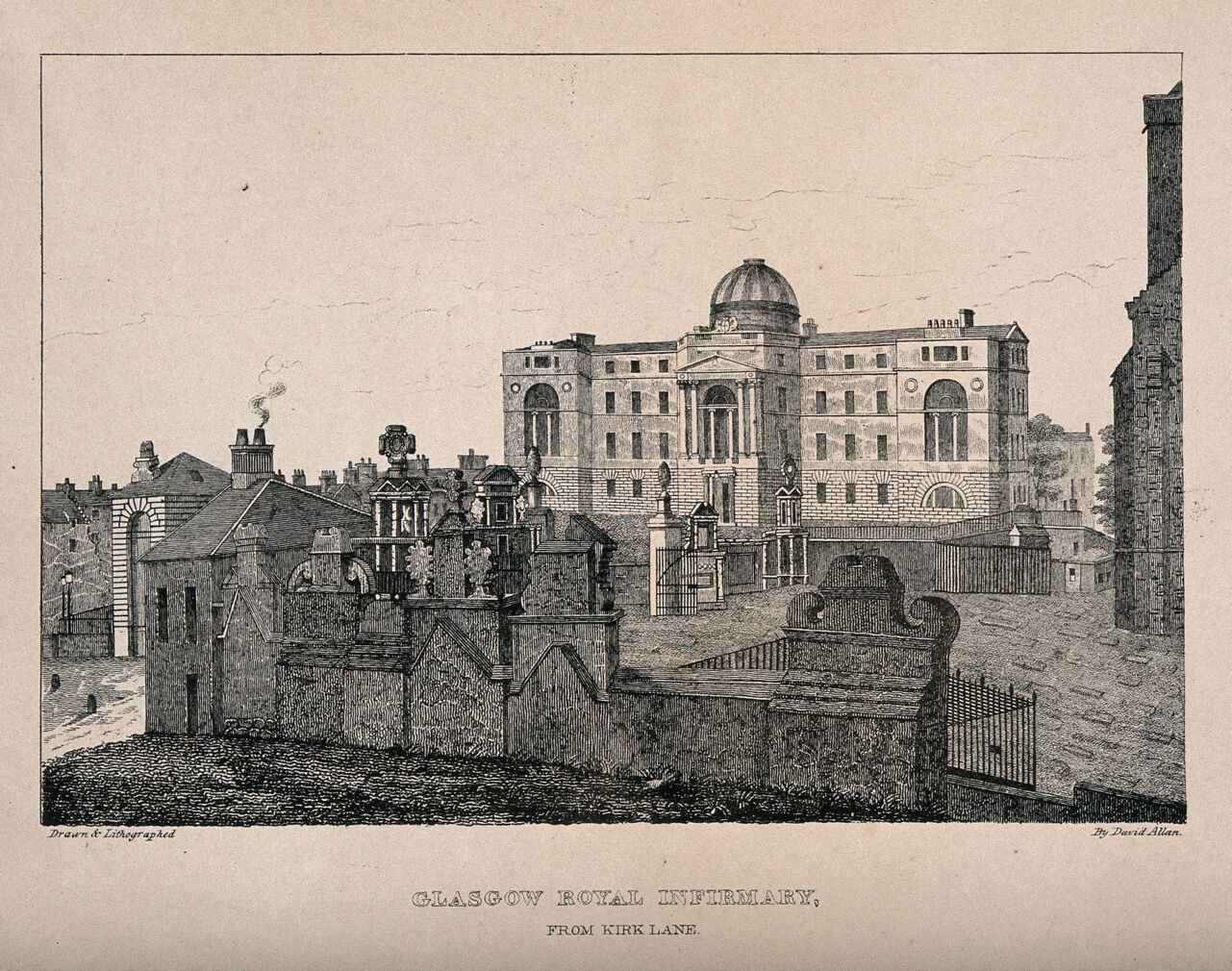 Royal Infirmary, Glasgow. Transfer lithograph by D. Allan after himself., by David Allan