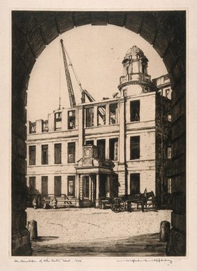 Royal Infirmary, Glasgow: demolition of the Lister Ward. Etching by W.C. Applebey, 1924.