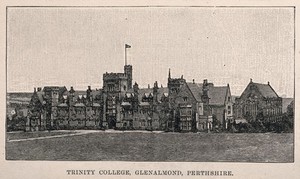 view Trinity College, Glenalmond, Perthshire, Scotland. Wood engraving.